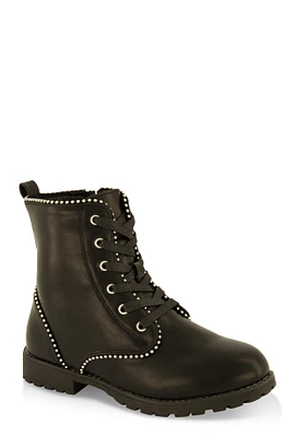 Womens Girls Faux Leather Beaded Trim Combat Boots, Black, Size 2