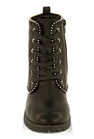 Womens Girls Faux Leather Beaded Trim Combat Boots, Black, Size 2