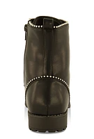 Womens Girls Faux Leather Beaded Trim Combat Boots, Black, Size 2