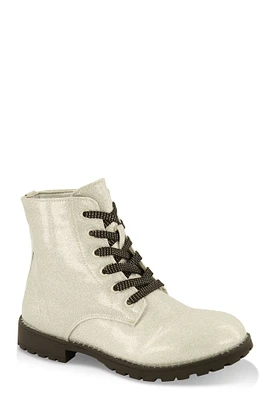 Womens Girls Studded Trim Glitter Combat Boots, Silver, Size 12
