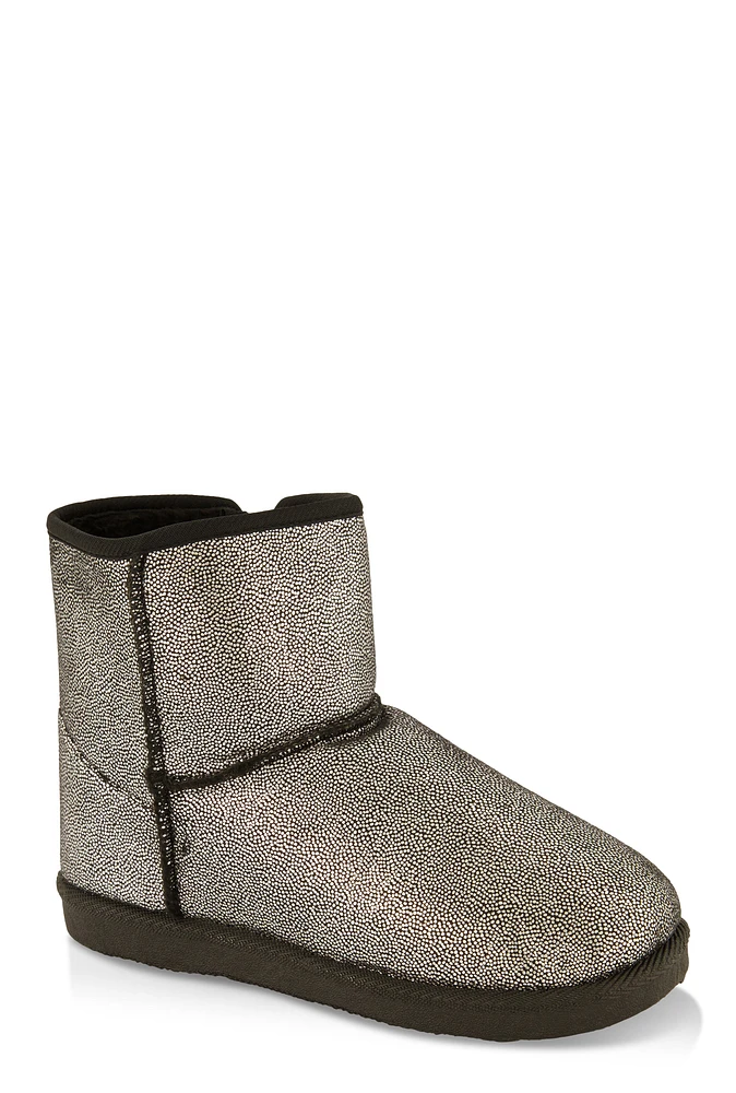 Womens Girls Glitter Side Zip Faux Fur Lined Booties, Black,