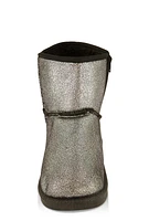 Womens Girls Glitter Side Zip Faux Fur Lined Booties, Black,