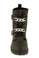 Womens Girls Buckle Chain Detail Lace Up Combat Boots, Black, Size 1