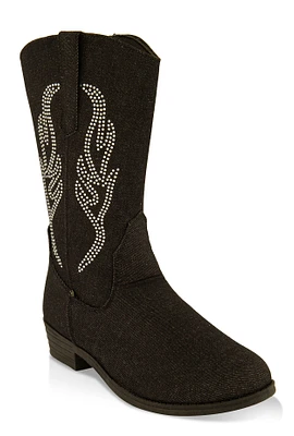 Womens Girls Rhinestone Detail Denim Cowboy Boots, Black,