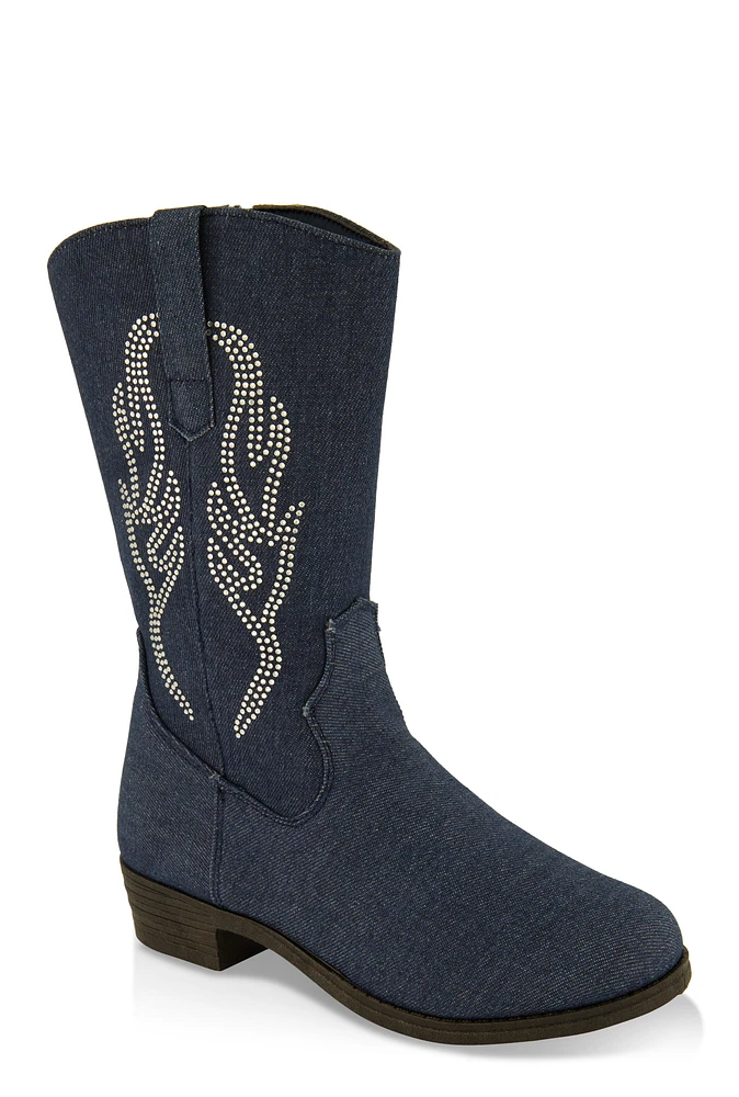 Womens Girls Rhinestone Detail Denim Cowboy Boots, Blue, Size 3
