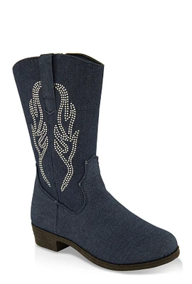 Womens Girls Rhinestone Detail Denim Cowboy Boots, Blue, Size 3