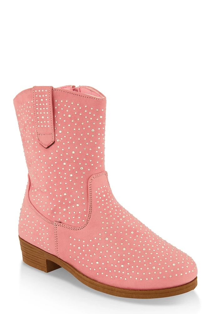 Womens Girls Rhinestone Cowboy Boots, Pink, Size 3