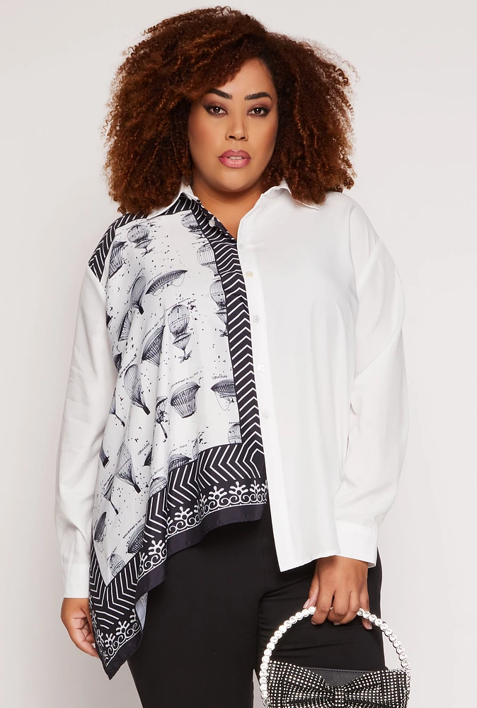Womens Plus Size Half Print Button Front Long Sleeve Shirt, White, Size 3X