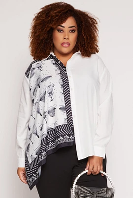 Womens Plus Size Half Print Button Front Long Sleeve Shirt, White, Size 3X