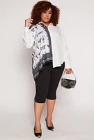 Womens Plus Size Half Print Button Front Long Sleeve Shirt, White, Size 3X