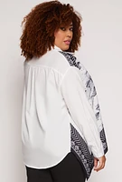 Womens Plus Size Half Print Button Front Long Sleeve Shirt, White, Size 3X
