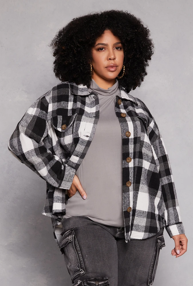 Womens Plus Size Plaid Brushed Knit Flannel Shacket, Multi, Size 2X