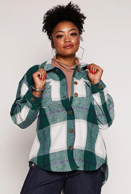 Womens Plus Plaid Brushed Knit Flannel Shacket,