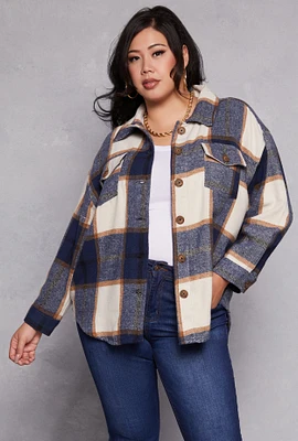 Womens Plus Size Plaid Brushed Knit Flannel Shacket, Blue, Size 1X