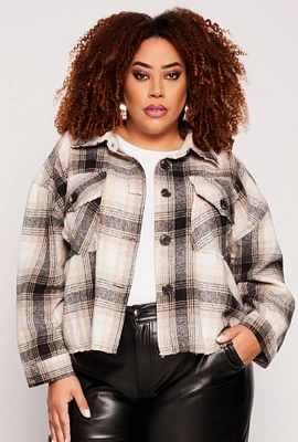 Womens Plus Frayed Hem Plaid Shacket, Multi,