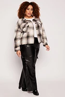 Womens Plus Frayed Hem Plaid Shacket, Multi,