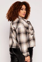 Womens Plus Frayed Hem Plaid Shacket, Multi,