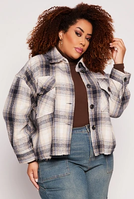 Womens Plus Size Frayed Hem Plaid Shacket, Multi, Size 1X