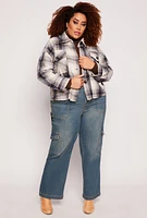 Womens Plus Frayed Hem Plaid Shacket, Multi,