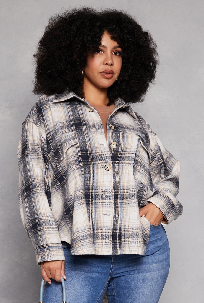 Womens Plus Size High Low Plaid Shacket, Multi, Size 2X