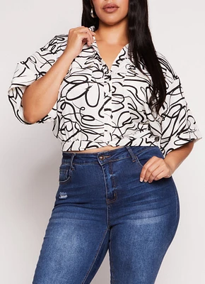 Womens Plus Heart Scribble Print Button Front Top, Multi,