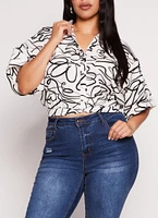 Womens Plus Heart Scribble Print Button Front Top, Multi,