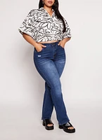 Womens Plus Heart Scribble Print Button Front Top, Multi,