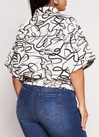Womens Plus Heart Scribble Print Button Front Top, Multi,