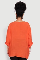 Womens Plus Chic Gauze Knit Button Front Notch Neck Blouse,