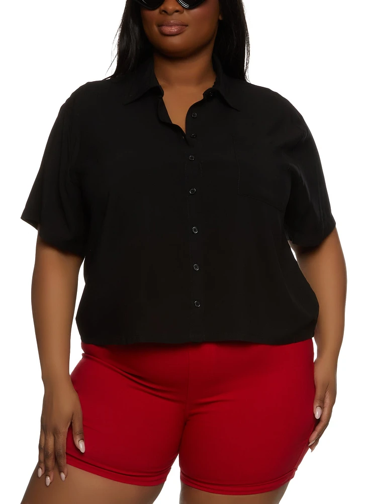 Womens Plus Size Pocket Button Down Shirt, Black, Size 2X