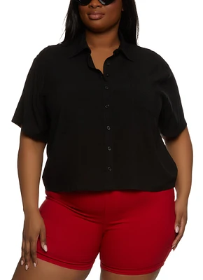 Womens Plus Size Pocket Button Down Shirt, Black, Size 2X