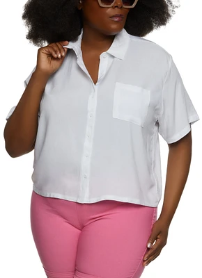 Womens Plus Size Pocket Button Down Shirt, White, Size 2X