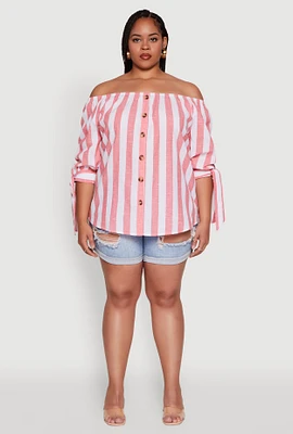 Womens Plus Size Chic Off Shoulder Striped Blouse, Pink, Size 3X