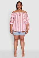 Womens Plus Size Chic Off Shoulder Striped Blouse, Pink, Size 3X