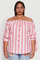Womens Plus Size Chic Off Shoulder Striped Blouse, Pink, Size 3X