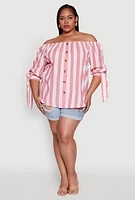 Womens Plus Size Chic Off Shoulder Striped Blouse, Pink, Size 3X