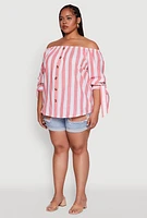 Womens Plus Size Chic Off Shoulder Striped Blouse, Pink, Size 3X