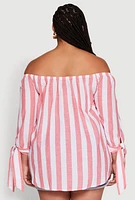Womens Plus Size Chic Off Shoulder Striped Blouse, Pink, Size 3X