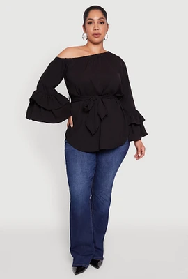 Womens Plus Size Stylish One Shoulder Bell Sleeve Blouse with Ruffles, Black, Size 3X