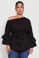 Womens Plus Size Stylish One Shoulder Bell Sleeve Blouse with Ruffles, Black, Size 3X