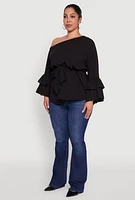 Womens Plus Size Stylish One Shoulder Bell Sleeve Blouse with Ruffles, Black, Size 3X