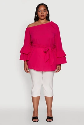 Womens Plus Stylish One Shoulder Bell Sleeve Blouse with Ruffles, 1X