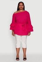 Womens Plus Stylish One Shoulder Bell Sleeve Blouse with Ruffles, 1X