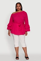 Womens Plus Stylish One Shoulder Bell Sleeve Blouse with Ruffles, 1X