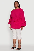Womens Plus Stylish One Shoulder Bell Sleeve Blouse with Ruffles, 1X