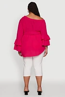 Womens Plus Stylish One Shoulder Bell Sleeve Blouse with Ruffles, 1X