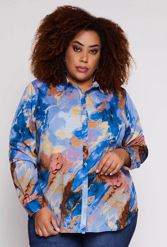 Womens Plus Size Marble Print Button Front Shirt, Blue, Size 2X