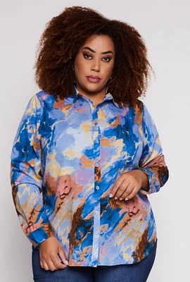 Womens Plus Size Marble Print Button Front Shirt, Blue, Size 2X