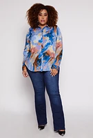 Womens Plus Size Marble Print Button Front Shirt, Blue, Size 2X