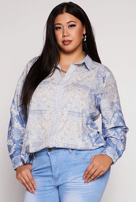 Womens Plus Size Printed Long Sleeve Button Front Shirt, Blue, Size 1X